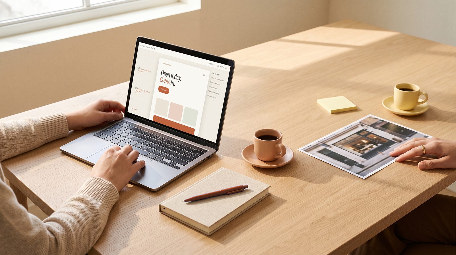 The studio table: the site plan on a laptop, the owner's storefront photo, two coffees